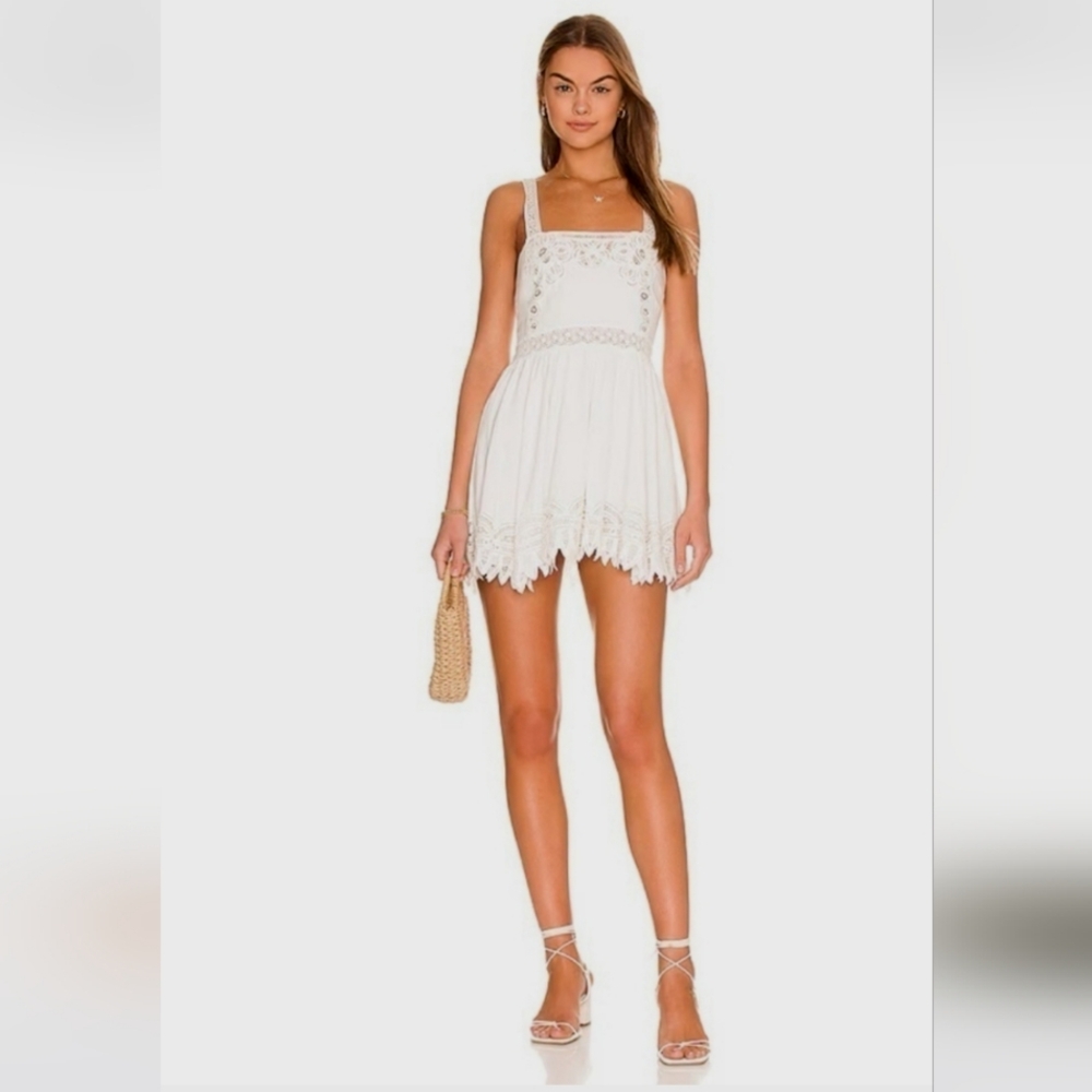LoveShackFancy Revolve Tariah Pinafore White Lace Mini Dress Size US 8  $495 EUC